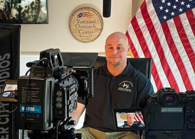 Person being interviewed on camera with two camera facing them.